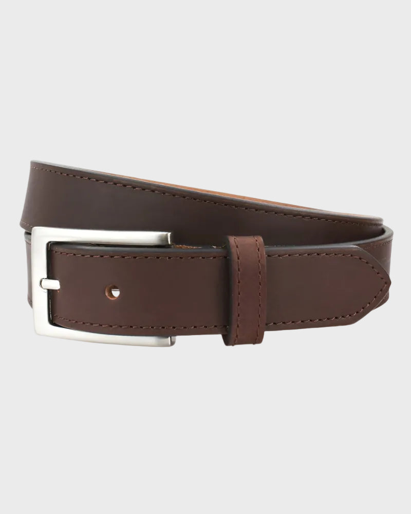 Brown leather belt with a silver buckle on a light gray background