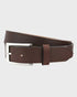 Brown leather belt with a silver buckle on a light gray background