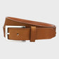Tan leather belt with a silver buckle on a light gray background
