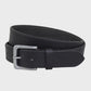 Black belt with a silver buckle on a light gray background