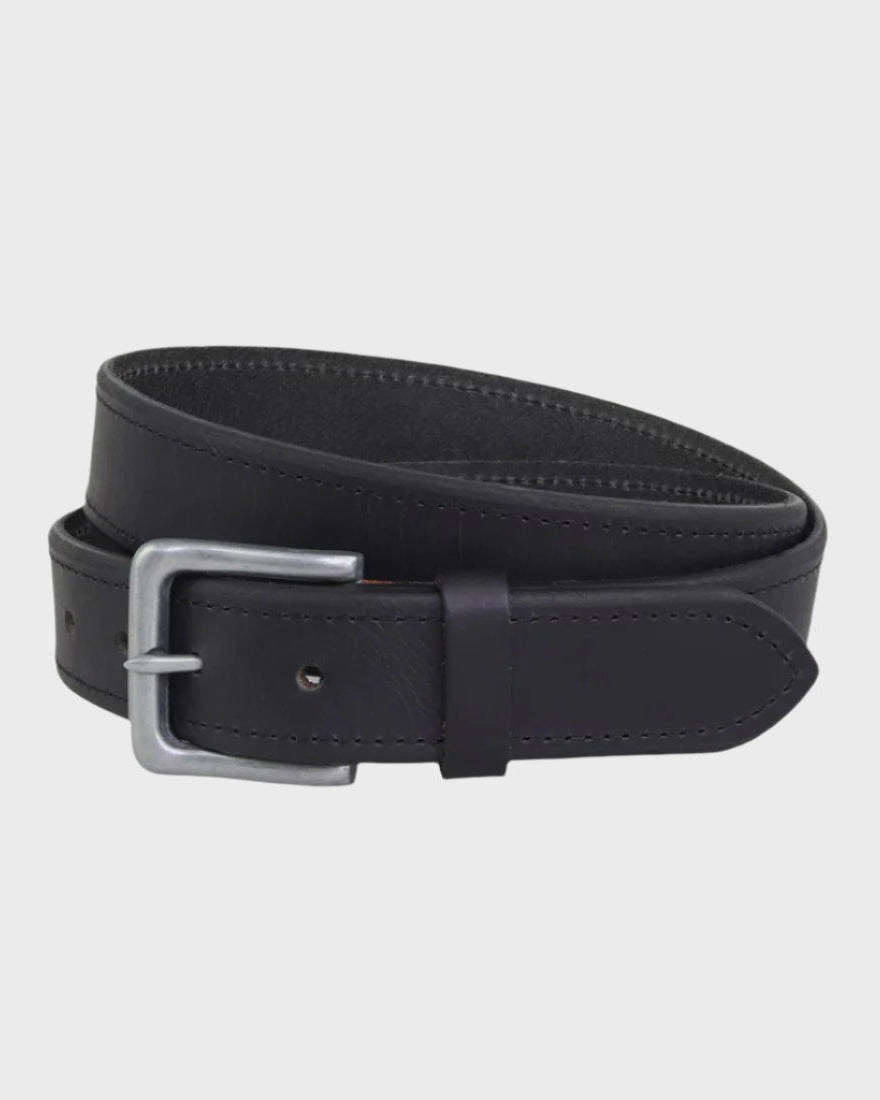 Black belt with a silver buckle on a light gray background