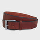 Brown leather belt with a silver buckle on a light gray background