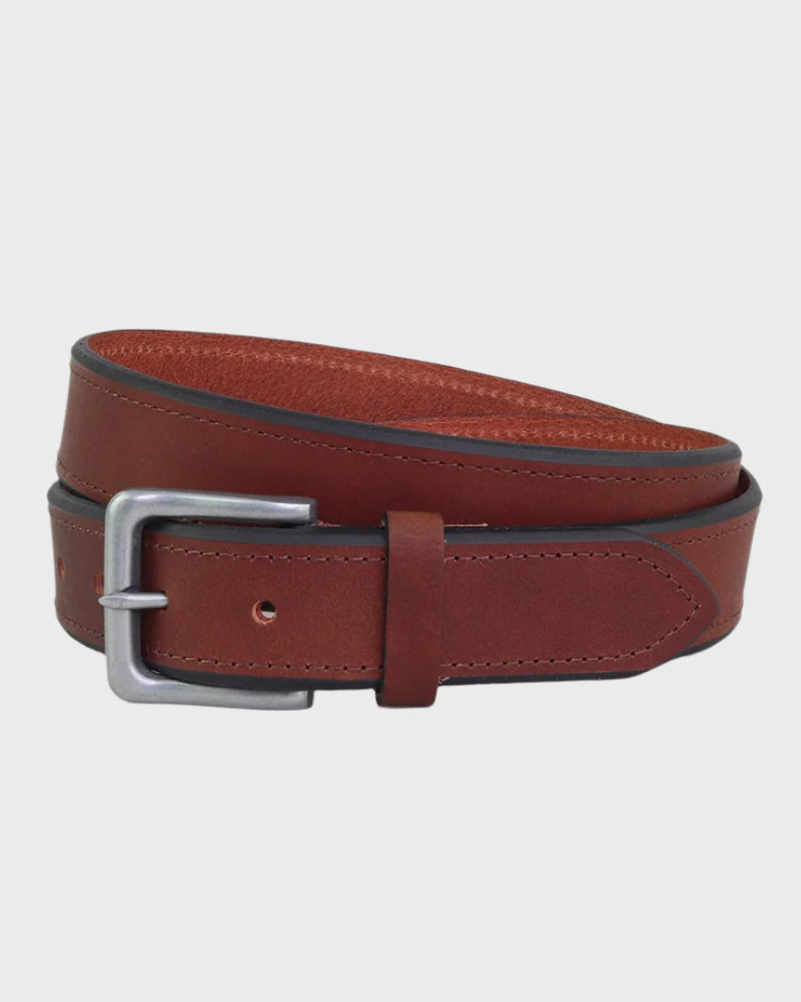 Brown leather belt with a silver buckle on a light gray background