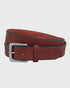 Brown leather belt with a silver buckle on a light gray background