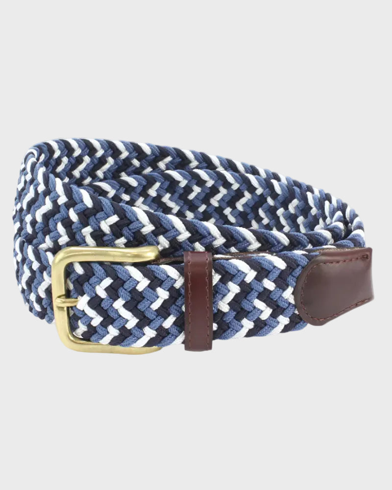 Braided belt with a brass buckle on a light gray background