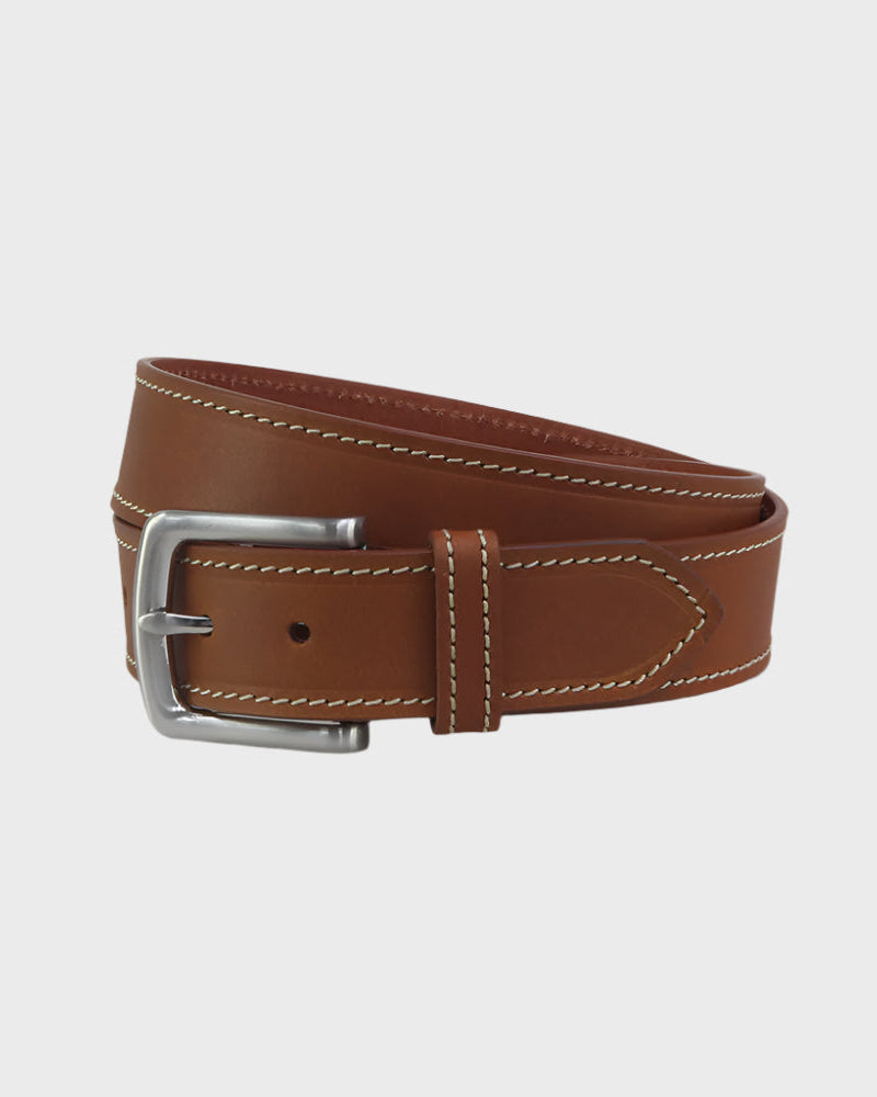 Brown leather belt on a light gray background