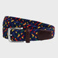 Multicoloured woven belt with a silver buckle on a light gray background