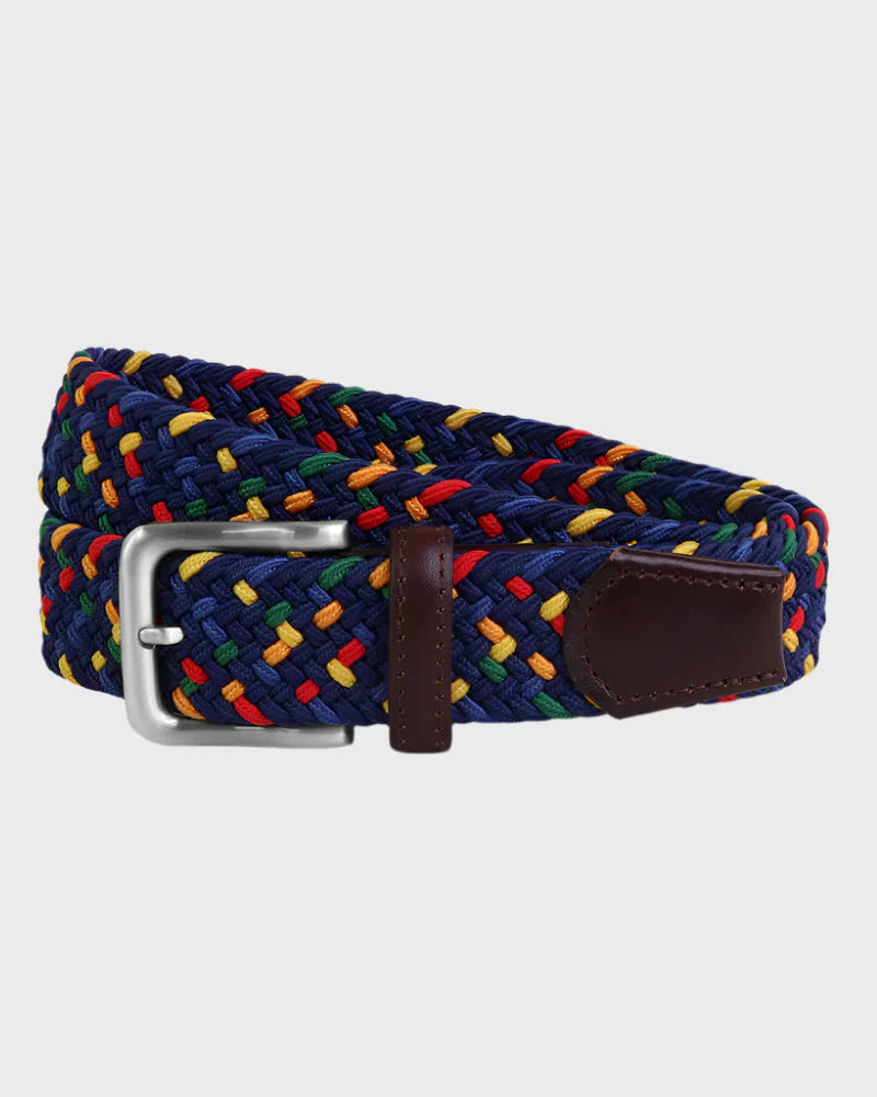 Multicoloured woven belt with a silver buckle on a light gray background