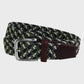 Woven belt with a silver buckle on a light gray background