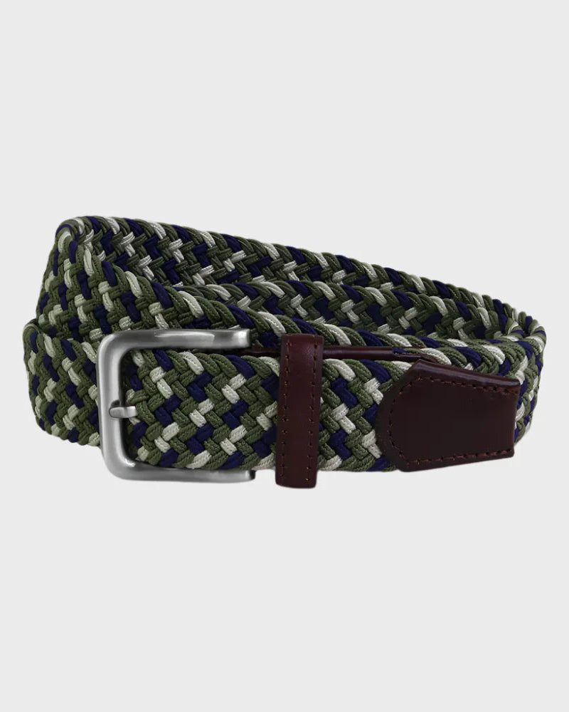 Woven belt with a silver buckle on a light gray background