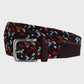 Woven belt with a metal buckle on a light gray background