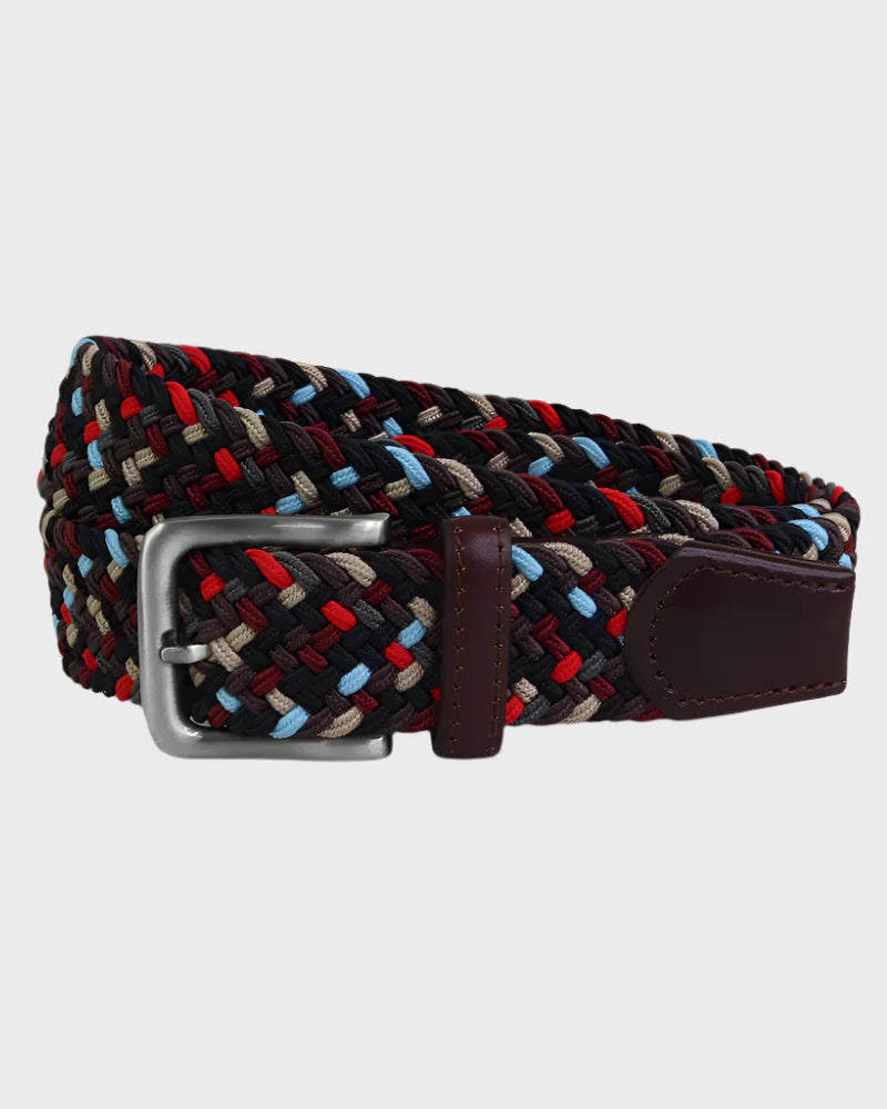 Woven belt with a metal buckle on a light gray background