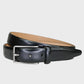 Black leather belt with a silver buckle on a light gray background