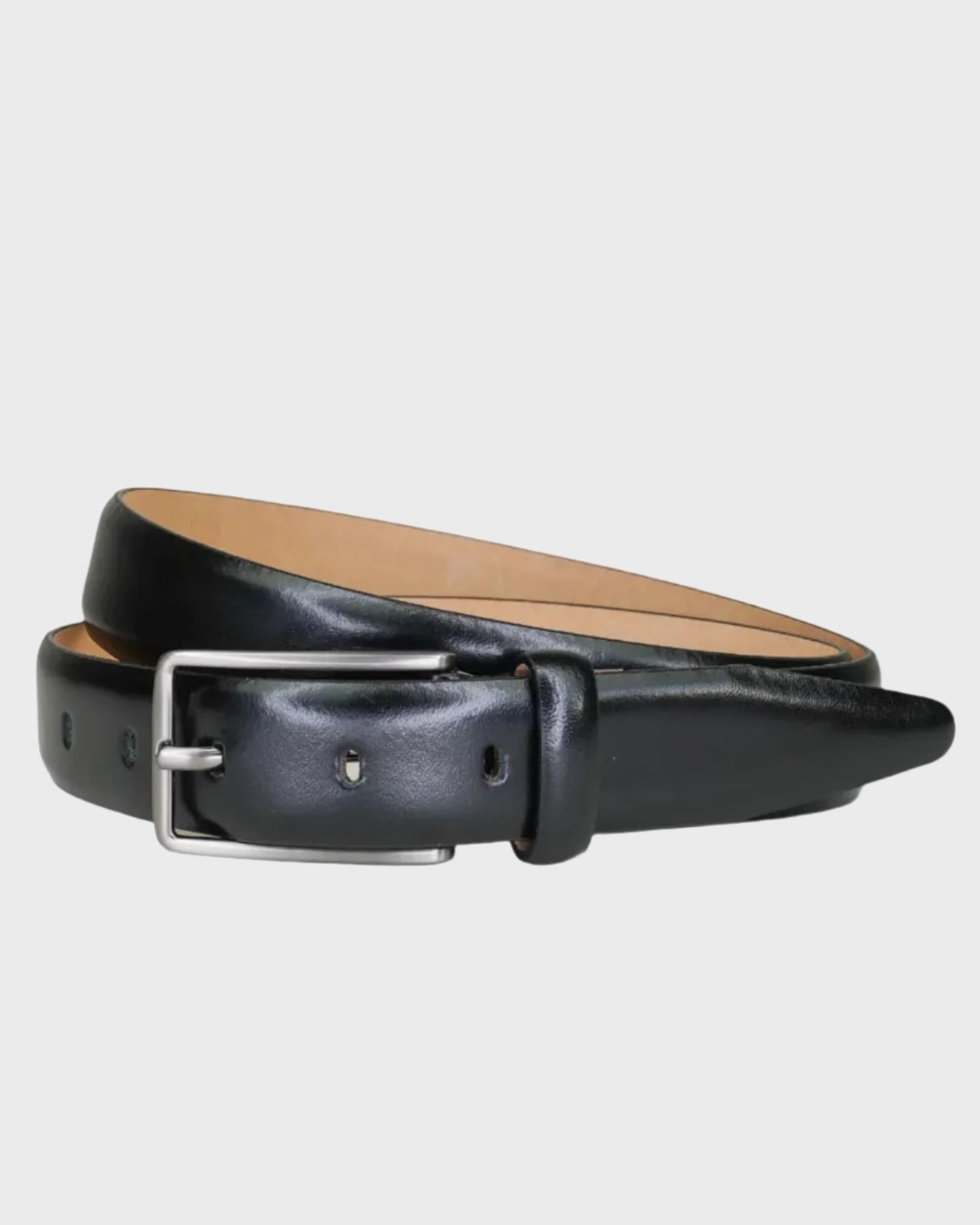 Black leather belt with a silver buckle on a light gray background