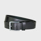 Black leather belt with a silver buckle on a light gray background