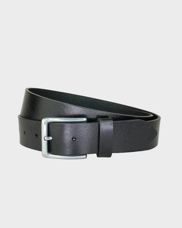 Black leather belt with a silver buckle on a light gray background