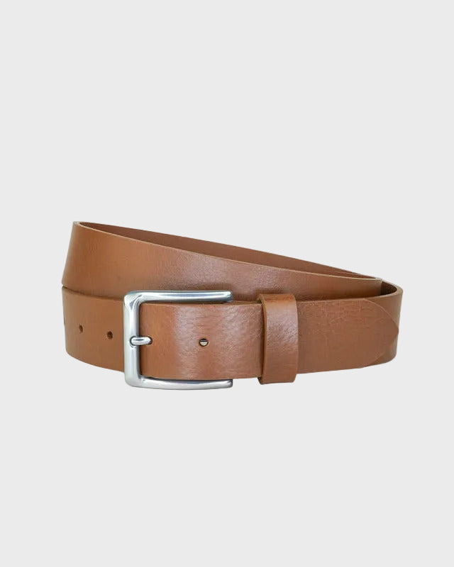 Tan leather belt with a silver buckle on a light gray background