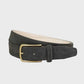 Brown suede belt with a gold buckle on a light gray background