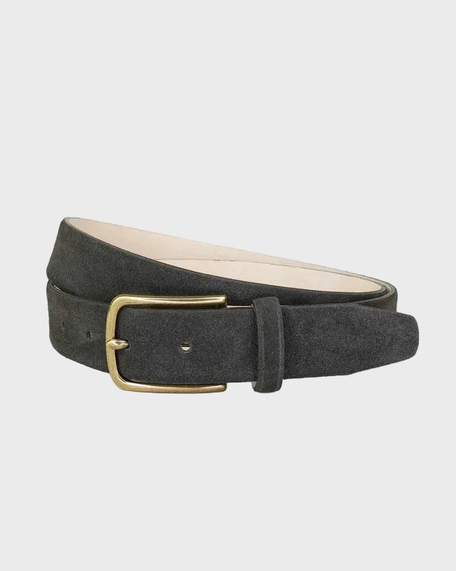 Brown suede belt with a gold buckle on a light gray background