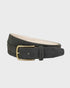 Brown suede belt with a gold buckle on a light gray background
