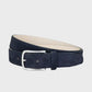 Navy suede belt with a silver buckle on a light gray background