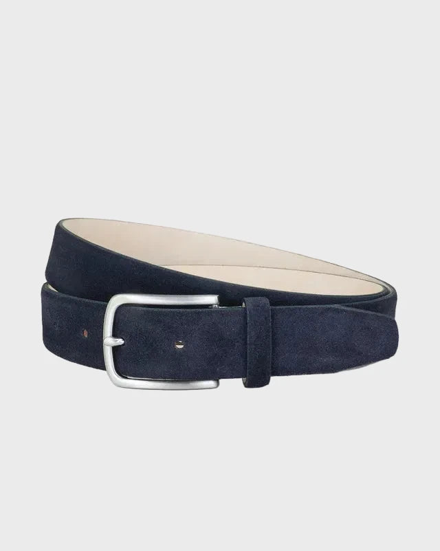 Navy suede belt with a silver buckle on a light gray background