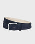 Navy suede belt with a silver buckle on a light gray background