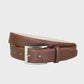 Brown leather belt with a silver buckle on a light gray background