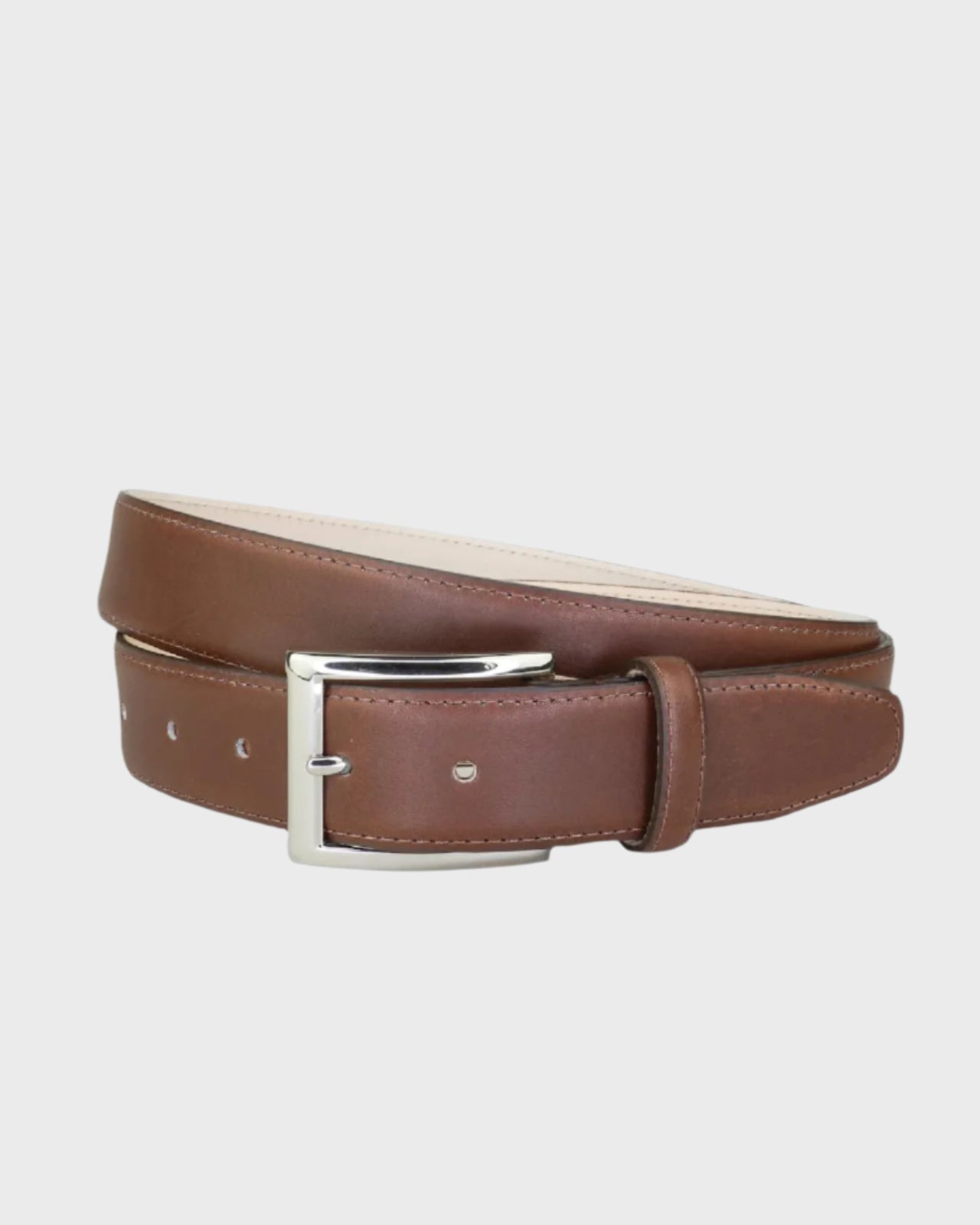 Brown leather belt with a silver buckle on a light gray background