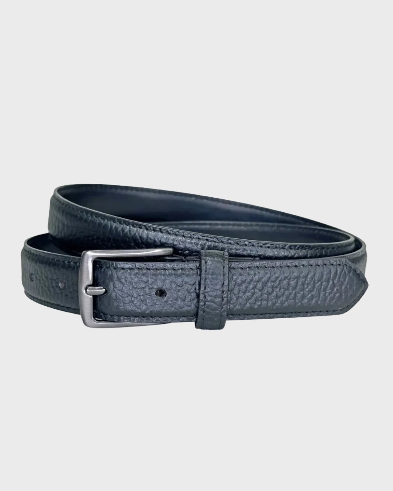 Black leather belt on a light gray background