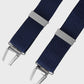 navy braces with silver clips on a light gray background
