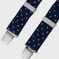 Navy braces with silver clasp on a light gray background