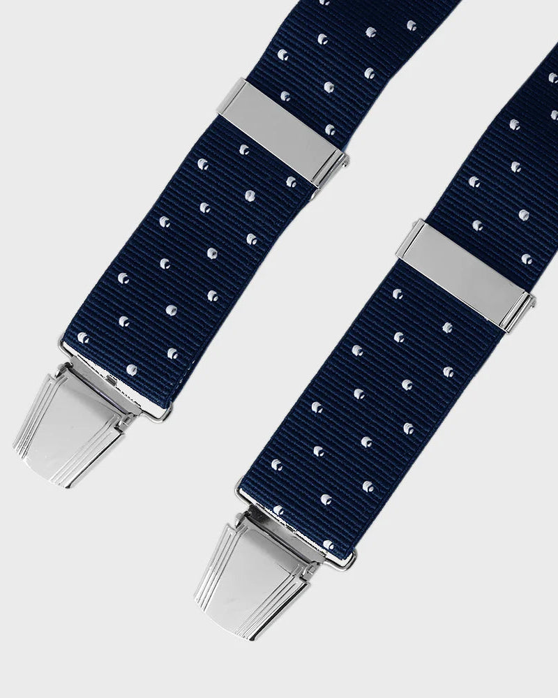 Navy braces with silver clasp on a light gray background