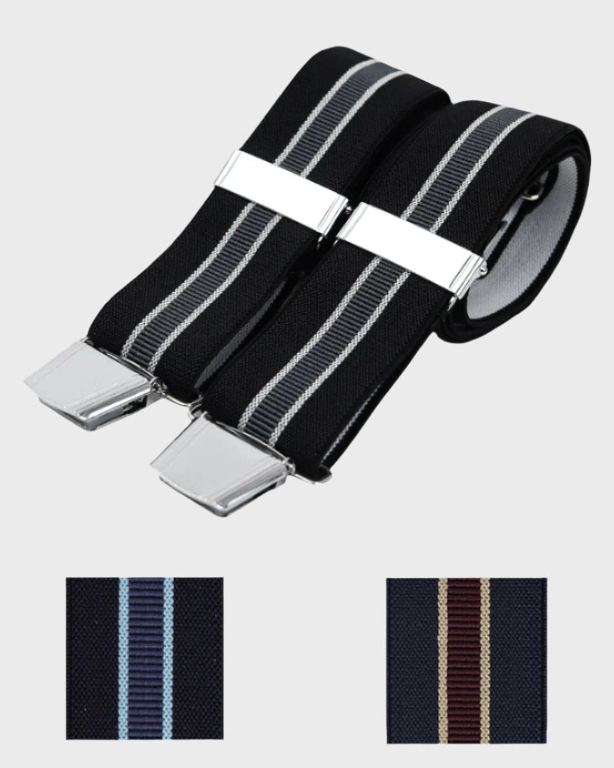 Black braces with silver clips on a light gray background
