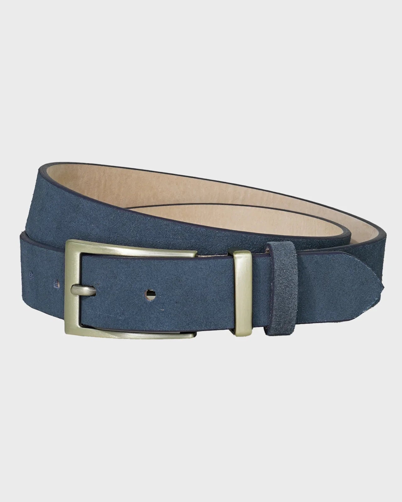 Navy suede belt on a light gray background