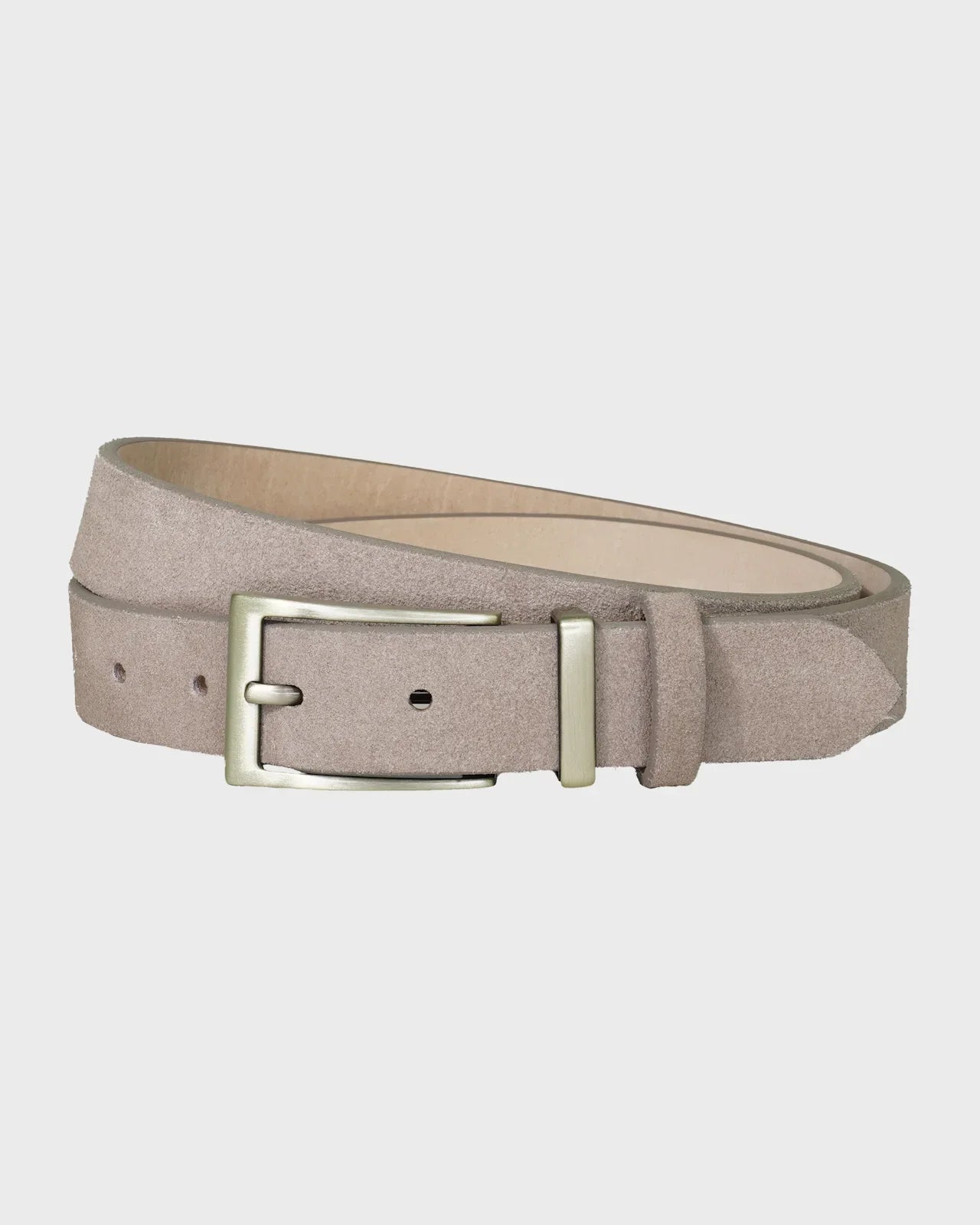Taupe suede belt on a light gray background