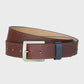 Brown leather belt with a silver buckle on a light gray background