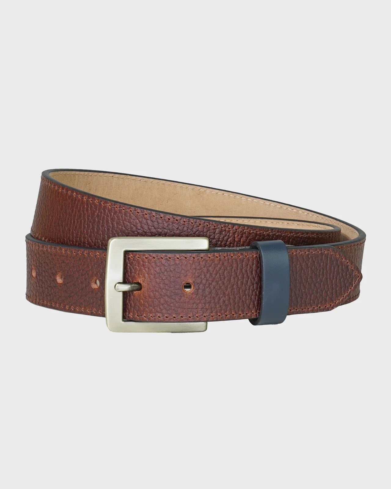Brown leather belt with a silver buckle on a light gray background