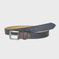 Navy belt with a silver buckle on a light gray background