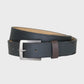 Navy belt with a silver buckle on a light gray background