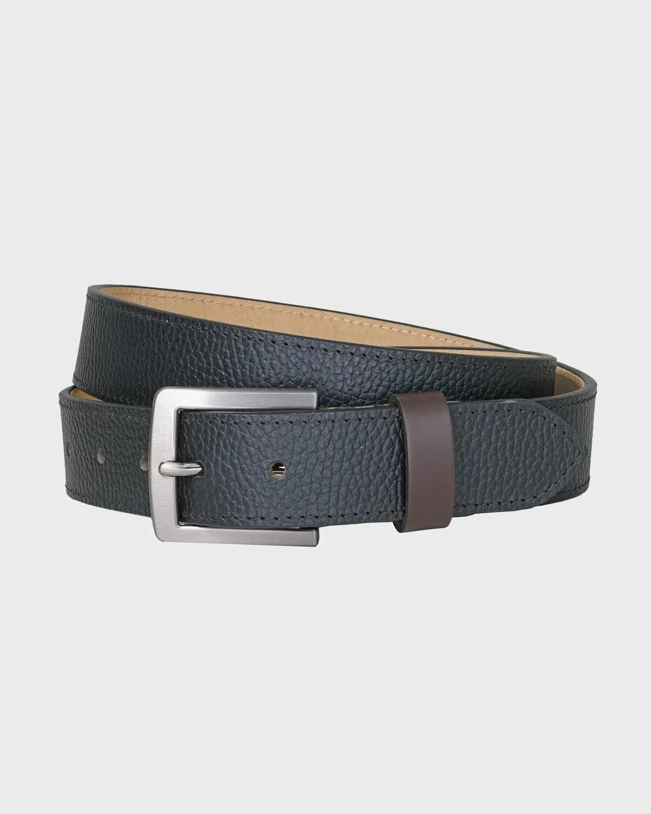 Navy belt with a silver buckle on a light gray background