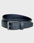 Black leather belt with a silver buckle on a light gray background
