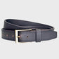Brown belt with a brass buckle on a light gray background