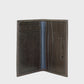 Brown leather wallet with visible brand logo on a light gray background