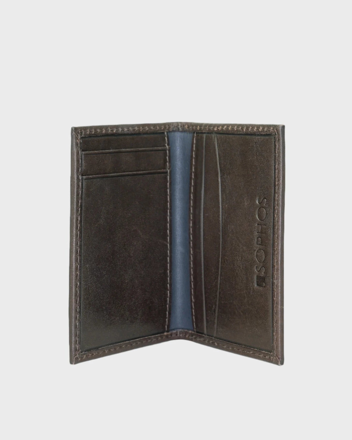 Brown leather wallet with visible brand logo on a light gray background