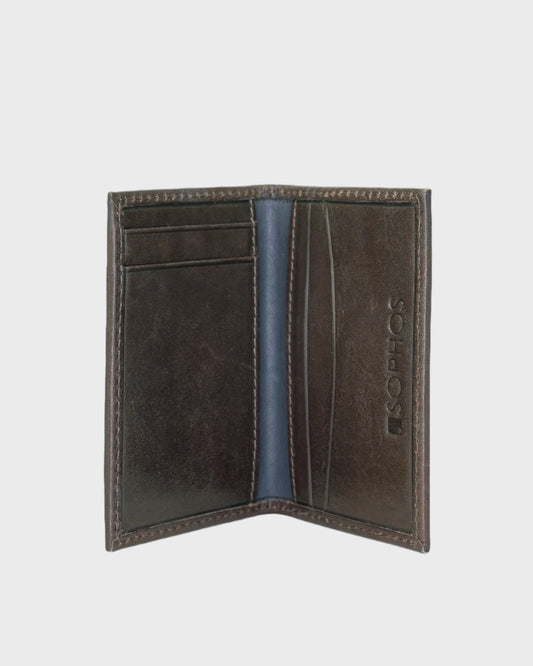 Brown leather wallet with visible brand logo on a light gray background