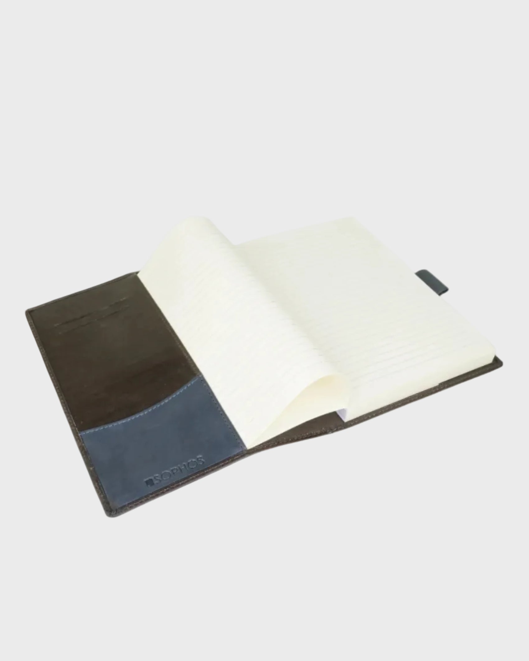 Open notebook with brown and navy cover on a white background