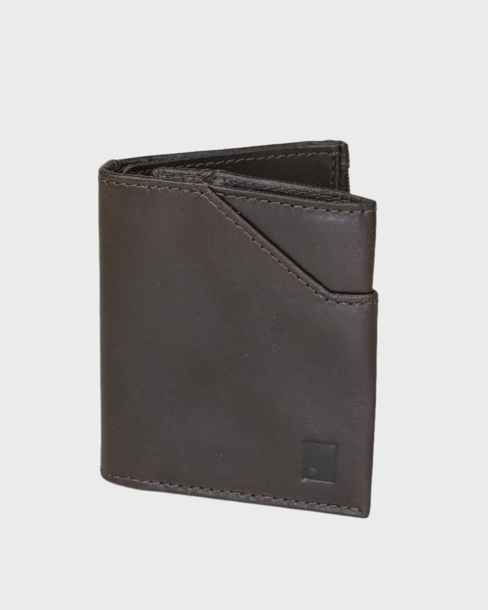 Brown leather wallet on a light gray background
