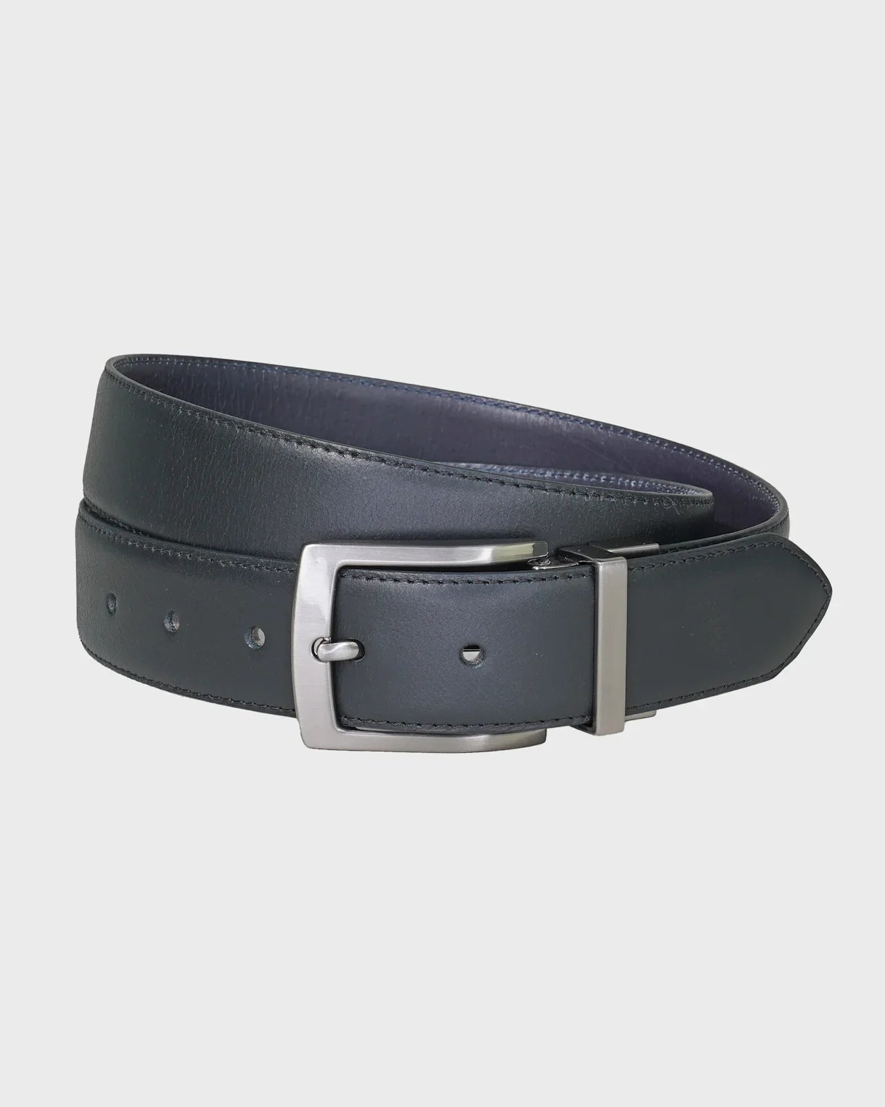 Black leather belt with a silver buckle on a light gray background