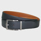 Black and tan leather belt with a silver buckle on a light gray background